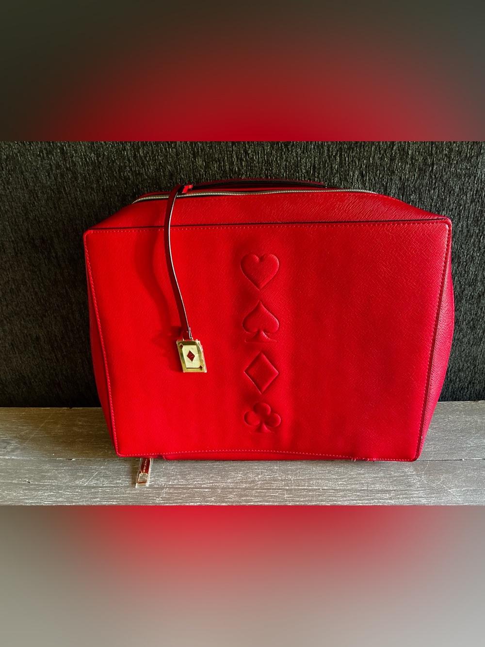 Red Estee Lauder Cosmetic Makeup  Tote with Embossed Card Suit Motif